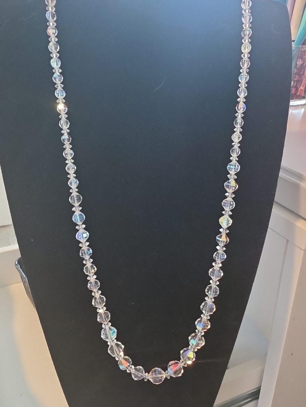 Crystal Bead Long Necklace - Clear Iridescent, Graduated, Slip Over Desisgn